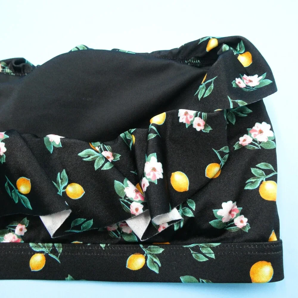 Victorias Secret Large Black Floral Single Shoulder Ruffle Padded Bikini Top New